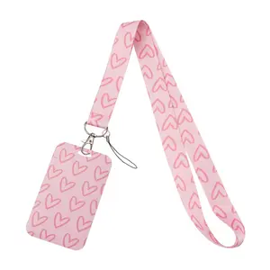 Simple Cute Pink Heart Pattern Women Trendy Cute Keychain Lanyard Keychain Kawaii ID Credit Card Cover Pass USB Mobile Phone Charm Neck Straps Badge Holder Key Holder Accessories