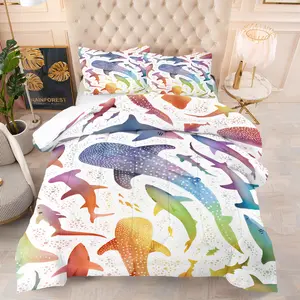 Minimalist Watercolor Whale Shark & Shark School Comforter Set (with 1 or 2 Pillowcases), Warm & Cozy for Better Sleep, High-Quality Decorative Gift