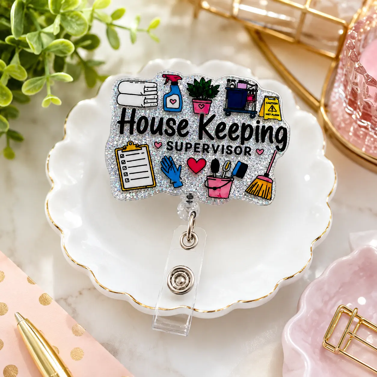 Badge Reel Housekeeping Supervisor Retractable ID Badge Holder with Glitter Design for Hotel Cleaning Team Leaders Housekeepers and Hospitality Staff