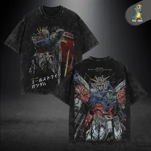 Strike Gundam Oversized Washed T-Shirt - Vintage Mecha Anime Tee, Mobile Suit Graphic Shirt for Men, Soft Cotton Streetwear, Otaku Merch, Perfect Gift for Robot Fans