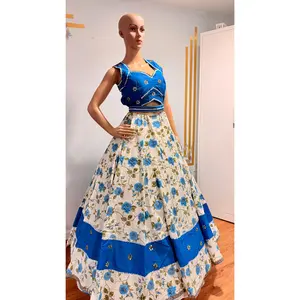 White & Blue Floral Camric Cotton Chaniya Choli & Olive Green Dupatta