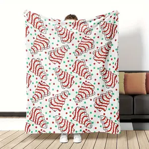 1pc Cozy Christmas Flannel Fleece Throw Blanket, Festive Tree Pattern, Soft Warm Plush Blanket for Casual, Office, Picnic, Travel, All-Season, Multi-Purpose, Digital Print, Polyester, Contemporary Style, Knitted Craftsmanship