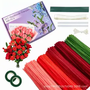 400 Root Cleaners for Crafts, 5 Colors Assorted, DIY Flower Making Kit Includes Floral Wire, Garden Tape, Stamen, Ribbon