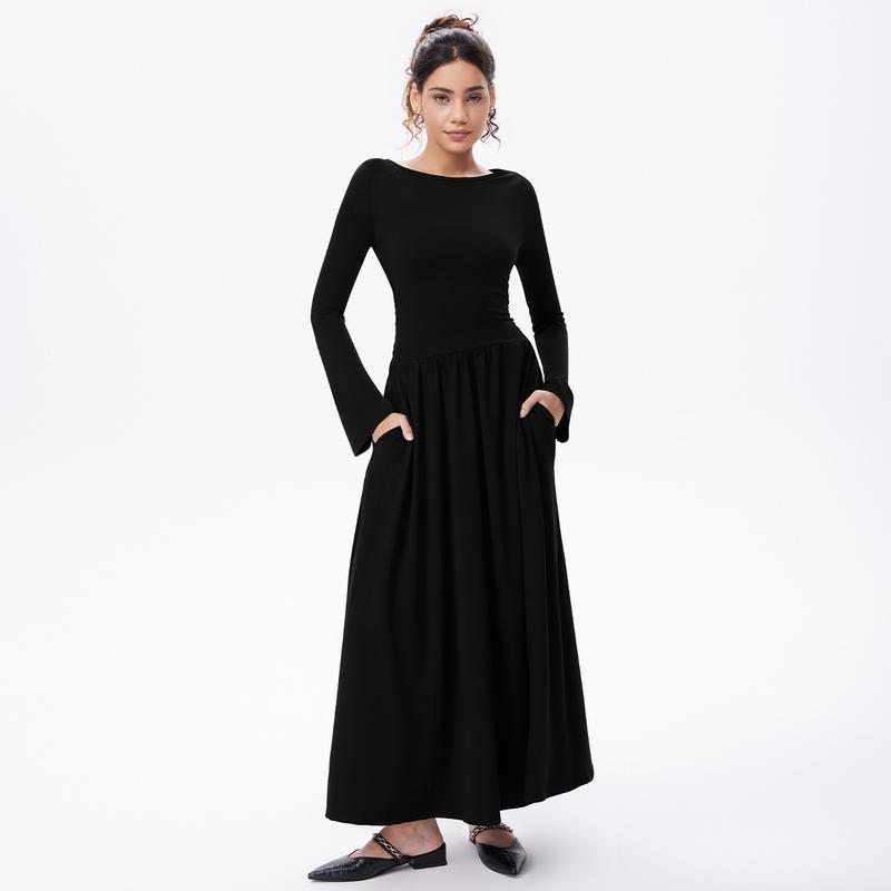OQQfitness Womenswear Maxi Flowy Dresses Bell LongSleeve Boat Neck Adjustable Back Tie Casual Elegant Empire Waist Lace Basic Minimalist with Pockets