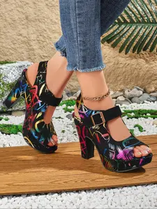 Women's Fashionable Random Pop Art Print Peep Toe High Heel Sandals,  Valentine's Gifts for Her, Casual Versatile Buckle Decorated Sandals for Summer, Female All-match Shoes for Daily Wear Footwear, Elegant Classy Sandals