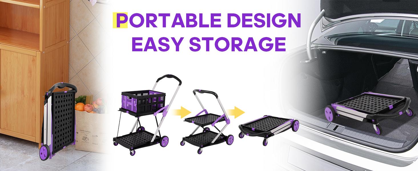 SCITOO Multi-Use Functional Collapsible Trolley with Transport Wheels, Removable Storage Crate - 2 Crates Included, Adjustable Lightweight Purple Cart for Home, Grocery - Convenience & Stockup Solution