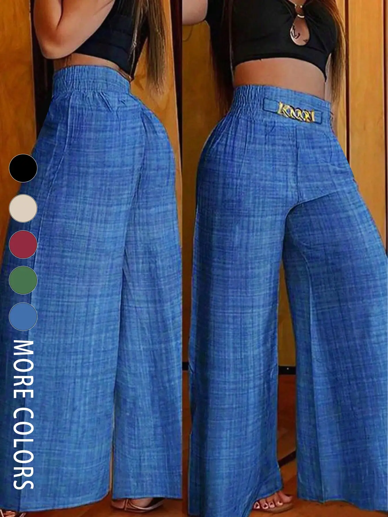 A pair of women's Basic Casual solid-color zipper-enclosed high-waisted stretchable loose-fitting slimming wide-leg trousers that are versatile and suitable for Everyday and all occasions. Womenswear Pants