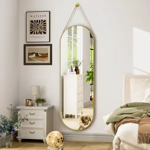 BEAUTYPEAK 16"x48" Oval Full Length Mirror with Leather Strap, Aluminum Frame Wall-Mounted for Stylish Bathroom, Living Room, Bedroom & Entryway Decor