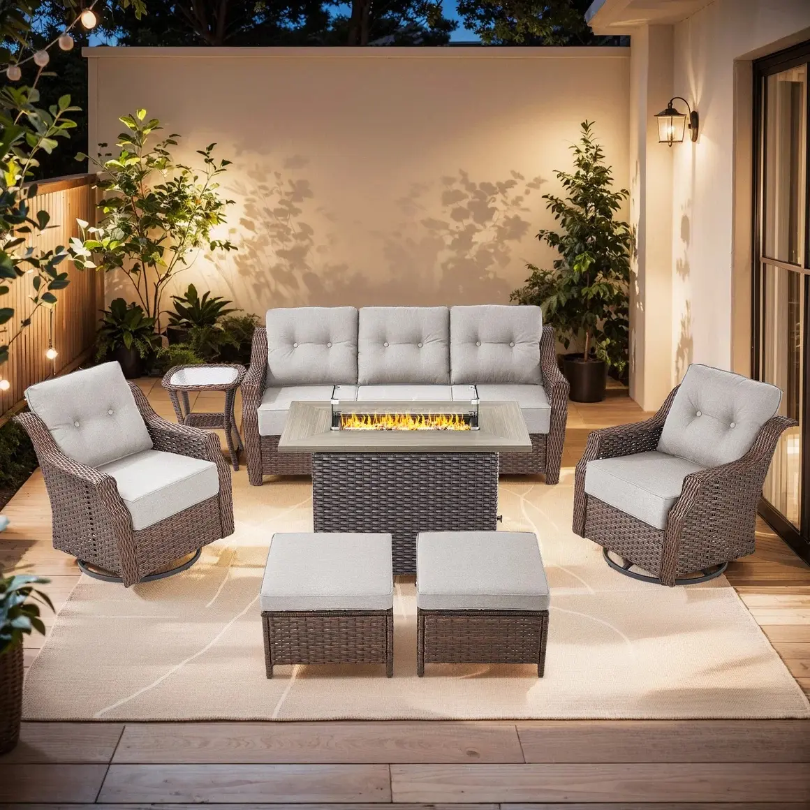 Belord 7-Piece Wicker Swivel Glider Sofa & Fire Pit Table Set, Brown Wicker - Beige Cushions, OVOLO Series