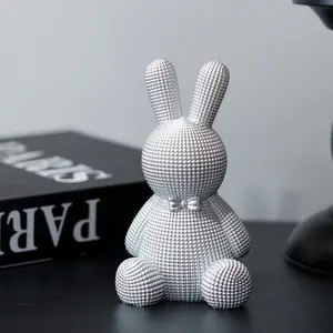 Cute Bunny Statue, Rabbit Figurine & Animal Sculpture for Living Room, Animal Sculpture for Living Room, Shelf, Office - Handcrafted Beaded Modern Table Centerpiece (Silver)