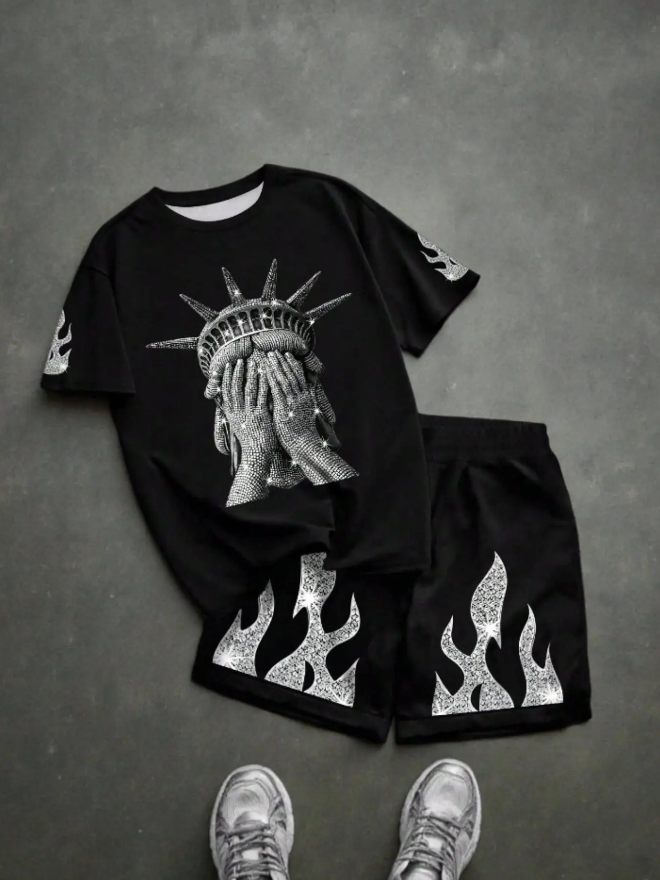Boys' Summer Suit with Rhinestones and Flame Edge, Liberty Statue Print, Casual Fitted Two-Piece Set, Stylish and Comfortable, Summer Clothing Set, Outfits Set