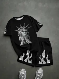 Boys' Summer Suit with Rhinestones and Flame Edge, Liberty Statue Print, Casual Fitted Two-Piece Set, Stylish and Comfortable