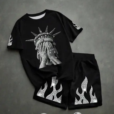 Boys' Summer Suit with Rhinestones and Flame Edge, Liberty Statue Print, Casual Fitted Two-Piece Set, Stylish and Comfortable, Summer Clothing Set, Outfits Set, Outfit Sets