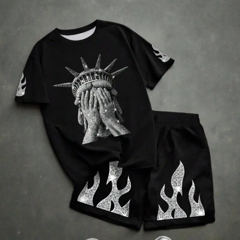Boys' Summer Suit with Rhinestones and Flame Edge, Liberty Statue Print, Casual Fitted Two-Piece Set, Stylish and Comfortable, Summer Clothing Set, Outfits Set, Outfit Sets
