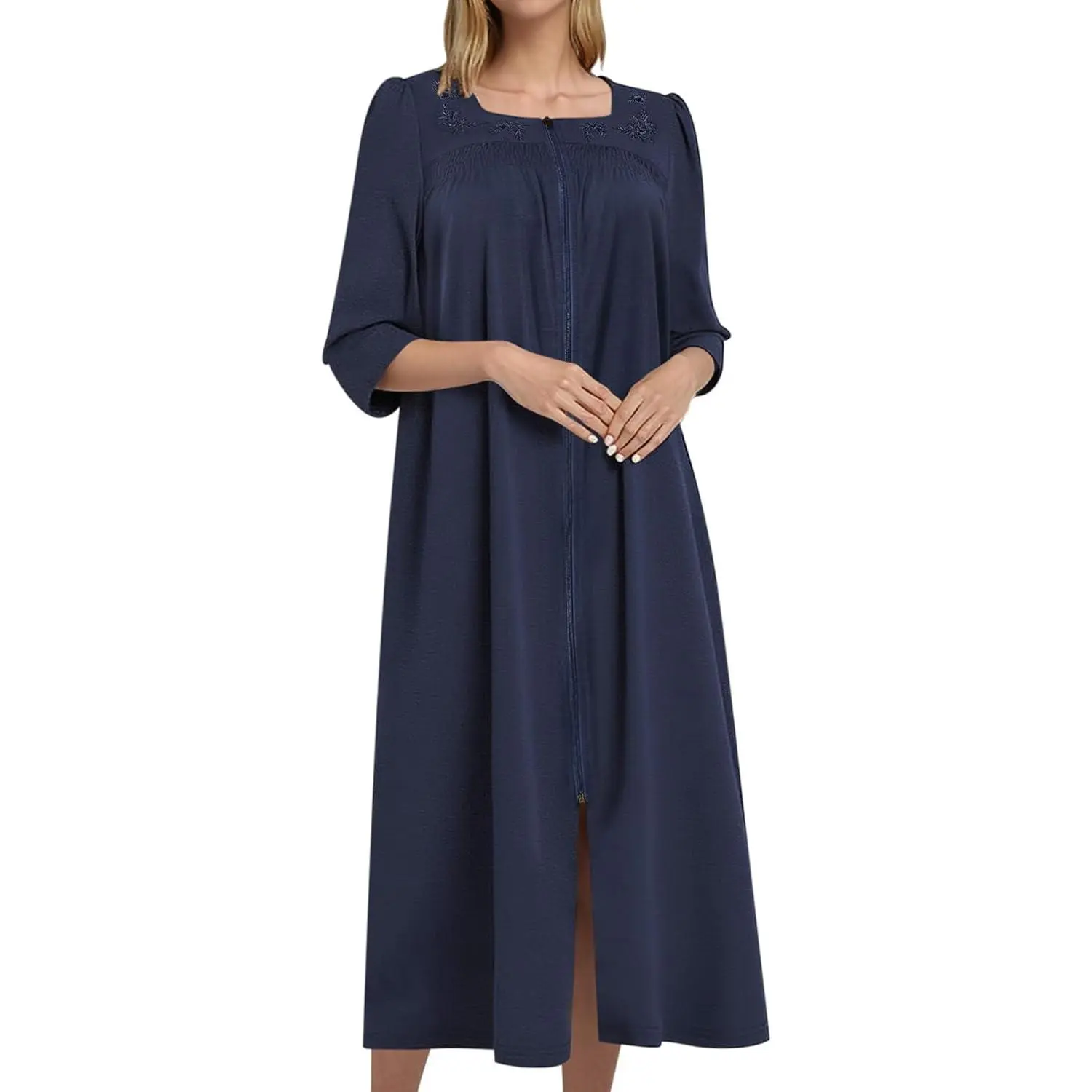 Bloggerlove Women's Basic Loungewear Nightwear - Full-Length Zipper Robe, 3/4 Sleeves, Square Neck, Soft Cotton Housecoat with Pockets