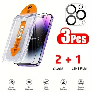 3 in 1 Protective Phone Accessories Set, Including 2 Counts Tempered Glass Screen Protector & 1 Count 3D Camera Lens Protector, Phone Accessories for iPhone 15/16/Plus/Pro/Pro Max, Cover, Protection