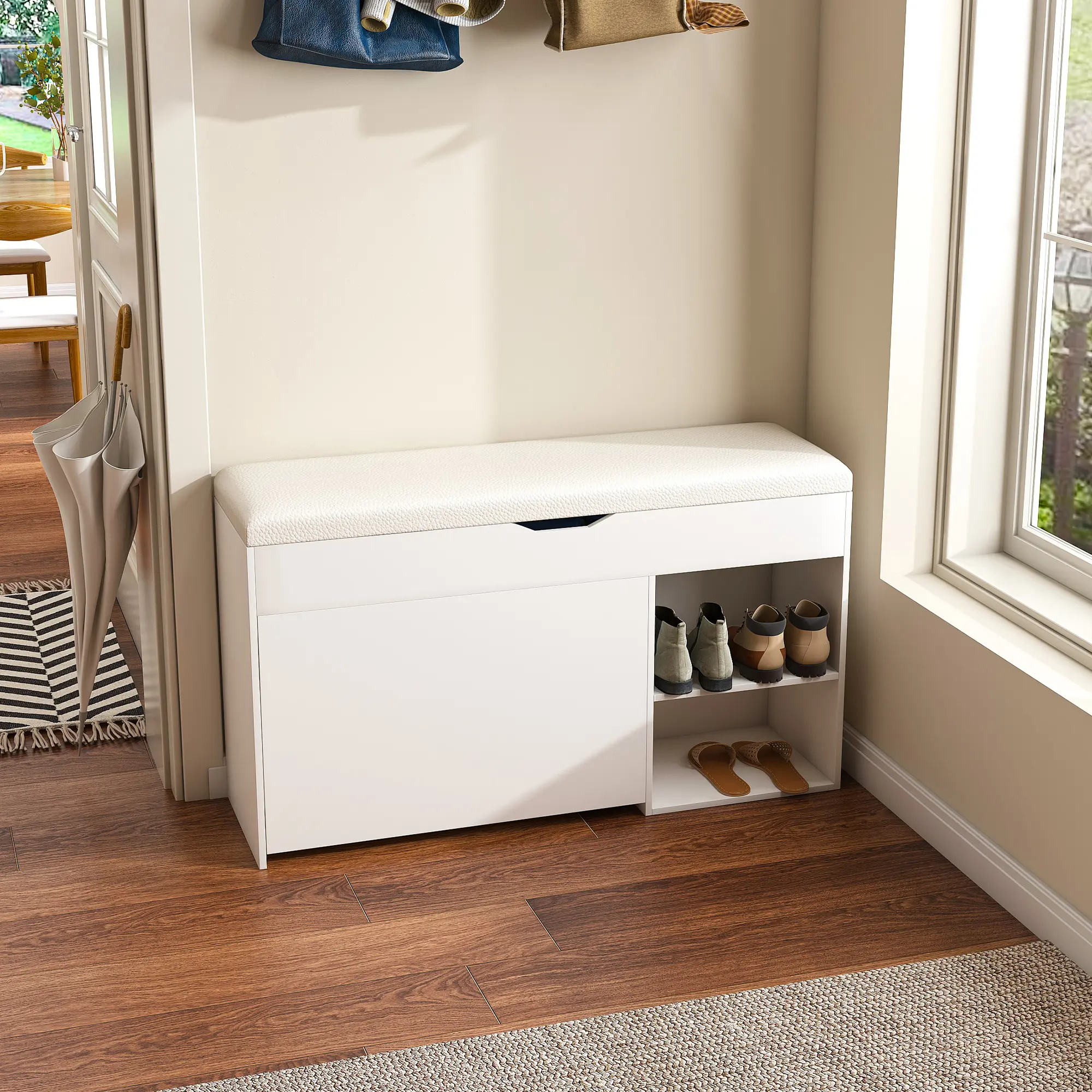 White Modern MDF Laminate Entryway Bench with 3-Tier Flip-Up Drawers, Hidden Cabinet, Rotating Shoe Rack, Space-Saver Organizer (39.37x11.81x20.47in, 42.91x22.05x4.92in, 43.65lbs) - Assembly Required (Basic DIY Skills Needed) for Hallway, Living Room