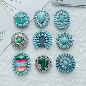 Turquoise Stone Concho Smartphone Grip with Kickstand - Durable Resin-Alloy Wireless Magnetic Phone Accessory, Smooth Expand-Contract Mount, Secure Comfortable Hold, Hands-Free Streaming Compatibility, Accessories