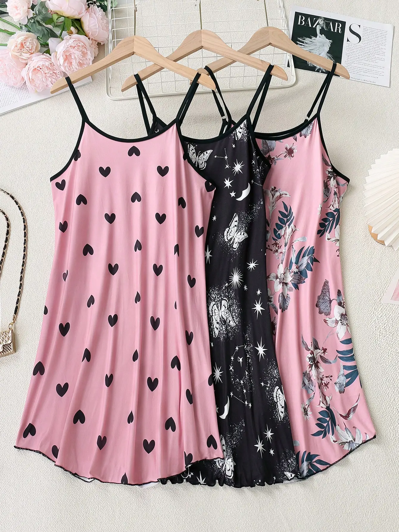 Women 3-Piece Faux Satin Printed Cami Nightgown Co-ord, Floral Heart Butterfly Print Sleeveless Slip Dress Loungewear, Lightweight Summer Sleepwear Set