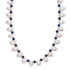 Freshwater Pearl and Lapis Lazuli 13 ctw Necklace in Rhodium Over Sterling Silver 18 Inches Christmas Gifts