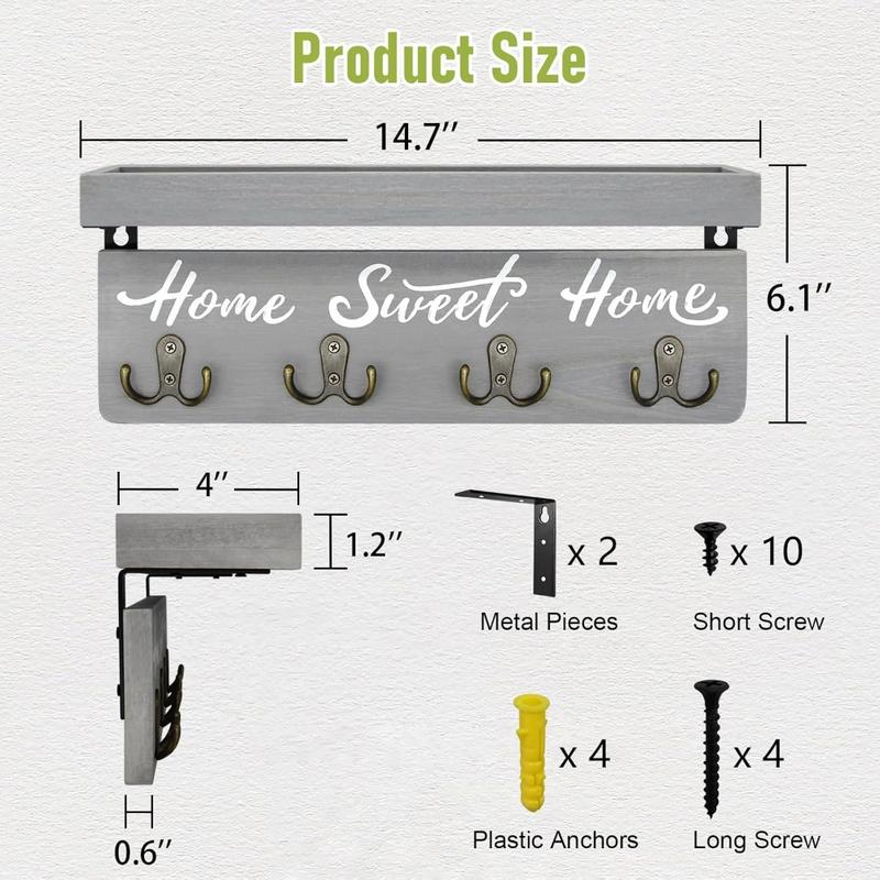 Wall-Mounted Key and Mail Holder, Wooden Key Rack With 4 Double Key Hooks, Rustic Home Decor for Entryway (Gray)