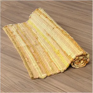 Hand Woven   Chindi Rag Rug 20"x32"- Mustard Yellow, Recycled Reversible Rug, Boho Farmhouse Rugs for Living Room, Dining Room, Kitchen, Entryway, Bedroom Rugs