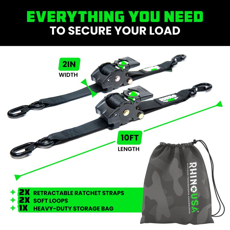 Rhino USA 2" x 10' Retractable Ratchet Straps 2- or 4-Pack - (3,033lb Break Strength) - Heavy Duty Self Retracting Tie Down Straps for Truck, Cargo Trailer