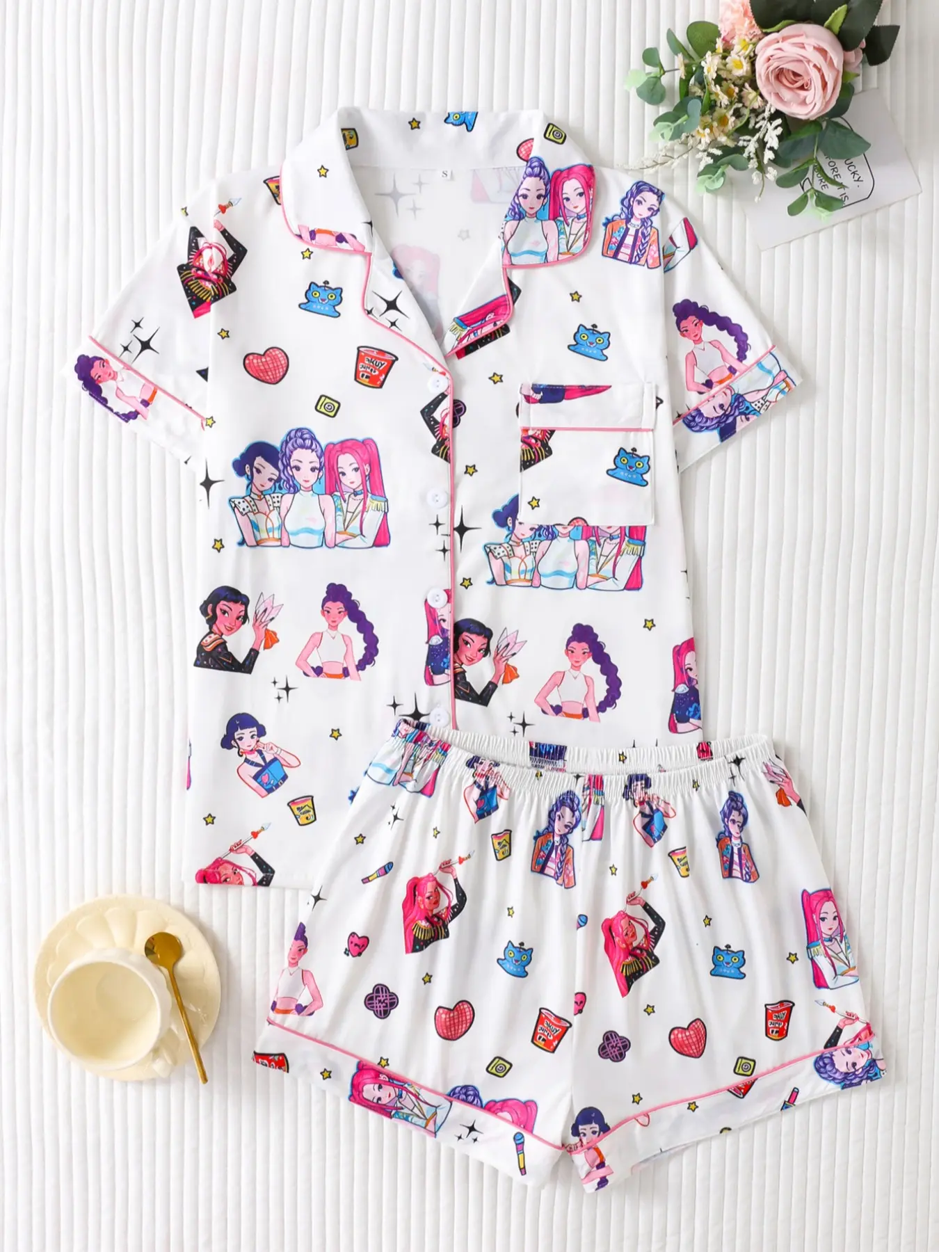 Women's Christmas Devil Print Pajama Set Loungewear Knit, Lapel Button Fitted Short Sleeve Top & Loose Fit Shorts, Elegant Party Sleepwear Pjs
