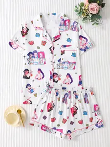 Women's Christmas Devil Print Pajama Set Knit, Lapel Button Short Sleeve Top & Loose Fit Shorts, Elegant Party Sleepwear