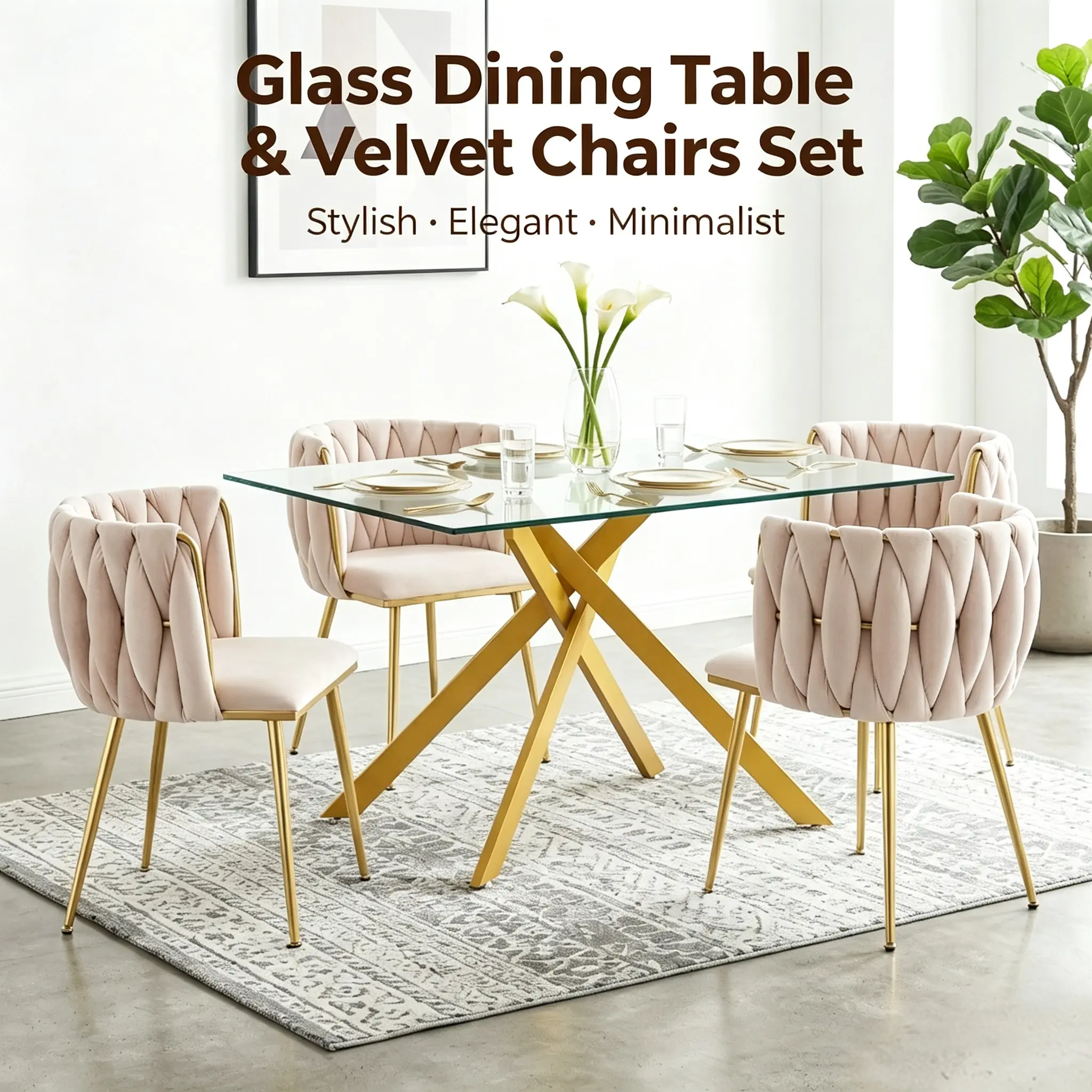 Contemporary Ergonomic 5-Piece Glass Dining Furniture Set - Tempered Top, Gold Metal Legs, 4 Velvet Chairs, Assembly Required, for Kitchen/Living Room, Golden/Beige lachic couture
