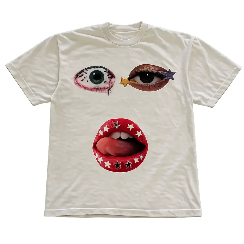 Red Star Lips Tongue Out Glam Eyes Graphic Shirt, Vintage Y2K Cyberpunk Alt Makeup Aesthetic Graphic Tee, Edgy Streetwear Fashion Merch, Y2k Shirt, Grillz Shirt, Vintage T-Shirt, Unisex Cotton Crewneck T-Shirt Menswear Womenswear Streetwear Top