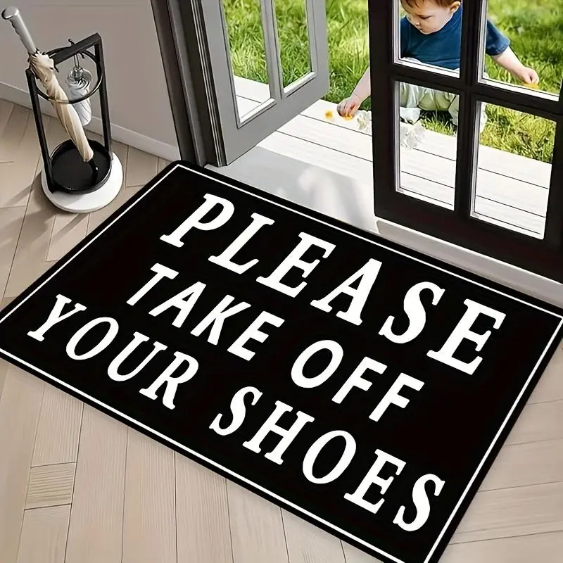 Indoor Rubber Floor Mat - Rectangle, Non-Slip, Durable, Modern, with 2D "Please Take Off Your Shoes" Print for Gaming Room, Shoe Removal Use