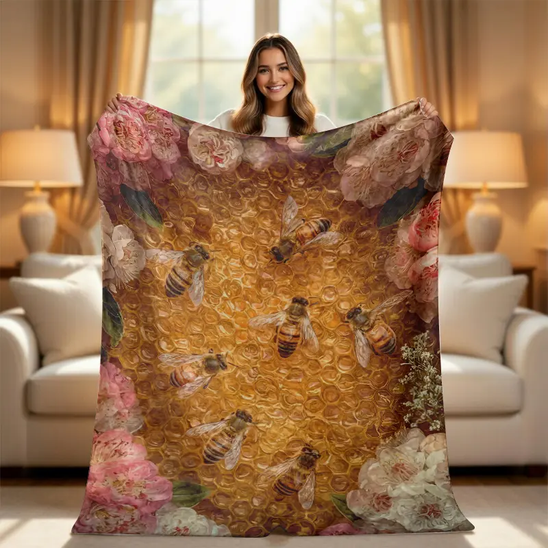 Cottagecore Honeybee & Floral Throw Blanket - Aesthetic Honeycomb Gold  Blanket, Sweet Garden Nature Inspired Cozy Blanket, Shabby Chic Decor Gift for Her