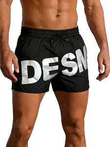 Men's Fashion Bold Pattern Metal Color Quick-Dry Beach Swim Trunks, Silver Color Letter Print Swimming Shorts, Perfect for Beach Vacation and Street Style, Summer Swim Trunks