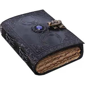 Leather Journal Semi Precious  Stone Triple Moon Design-Lock Closure, 200 Antique Deckle Edge Blank Paper-Book of Shadows, Grimoire Journal,  Journal for Men and Women (8x6 Inch, Black)