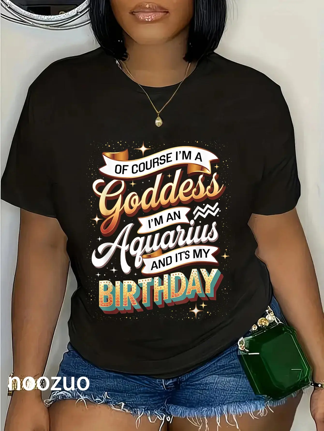 Women's Casual Graphic T-Shirt, Vintage Style Aquarius Zodiac Print in 100% Cotton, Playful Short-Sleeve Streetwear, Clothes, Aquarius Theme, Cute, All Seasons, Large, Loose-Fitting