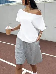 Women's Off-Shoulder T-Shirt And Sports Shorts Set, Athleisure Clothing Sets In White And Gray, Comfortable Set For Coffee Run, Yoga And Daily Errands