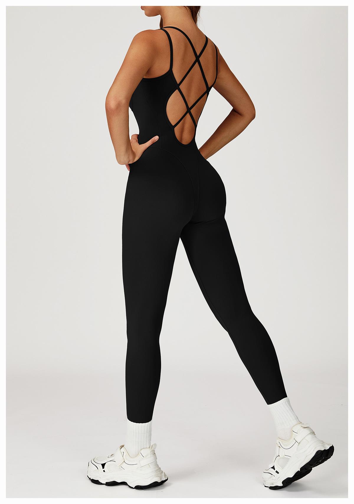 Nude-feel one-piece bodysuit with cross-back design, slim-fit yoga wear for outdoor running and fitness activities