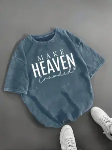 Womens Cotton Graphic Tee Fitted Round Neck Tee Faith Statement Make Heaven Crowded Inspirational Quote Print Design Retro Style Vintage Inspired Soft Breathable Casual Everyday Summer Vacation Wear Gift Idea