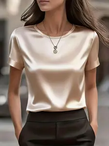 Elegant Round Neck Smooth Satin Short Sleeve Slim Shirt Blouses for Women, Perfect for Spring and Summer Seasons, Stylish and Comfortable Top