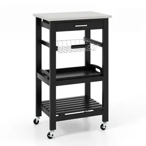 Modern Kitchen Rolling Island Cart with Stainless Steel Tabletop and Basket