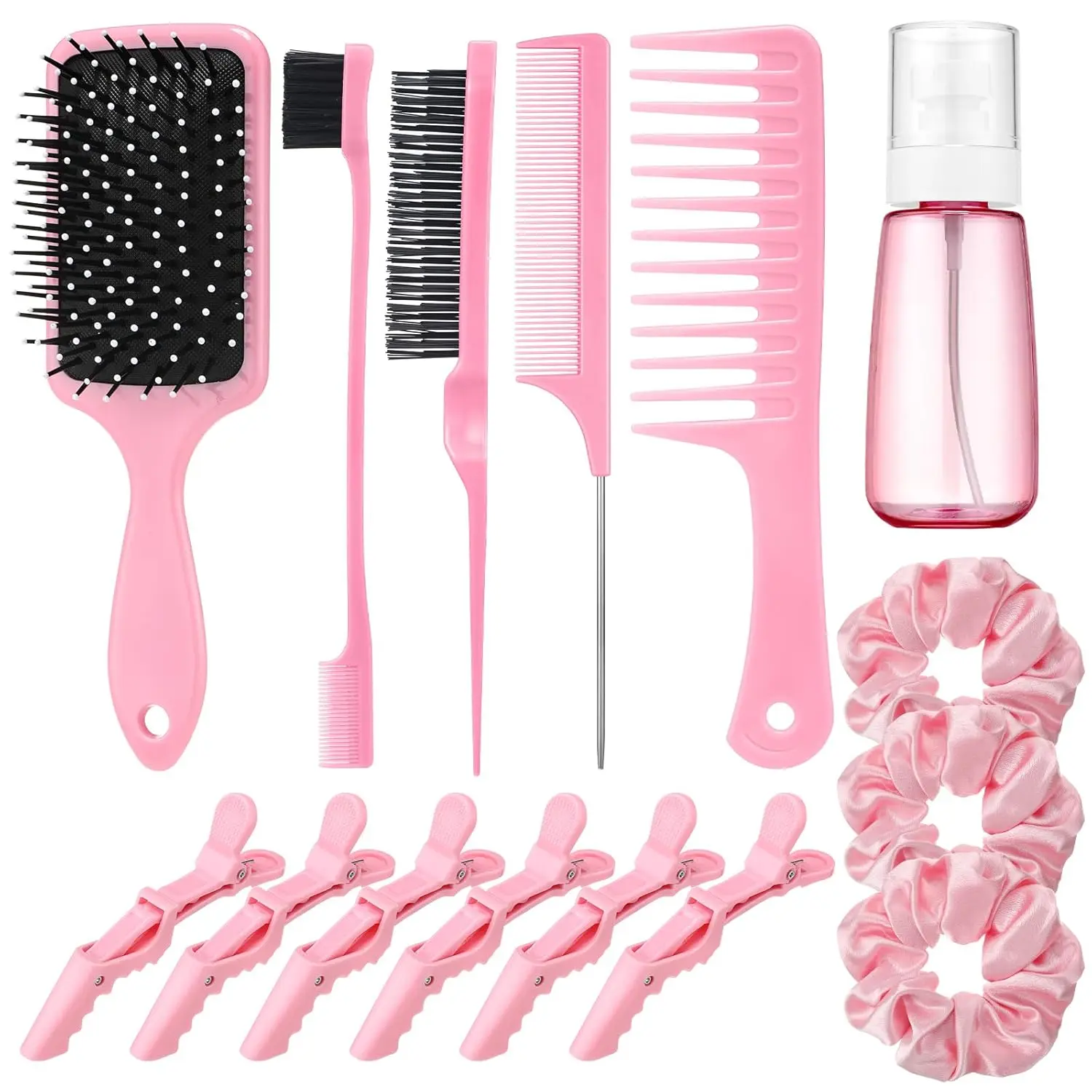 15-Piece Slick Back Styling Kit for Women & Men - Bristle Tool, Spray Bottle, Hair Clip, Edge Groomer (Pink)