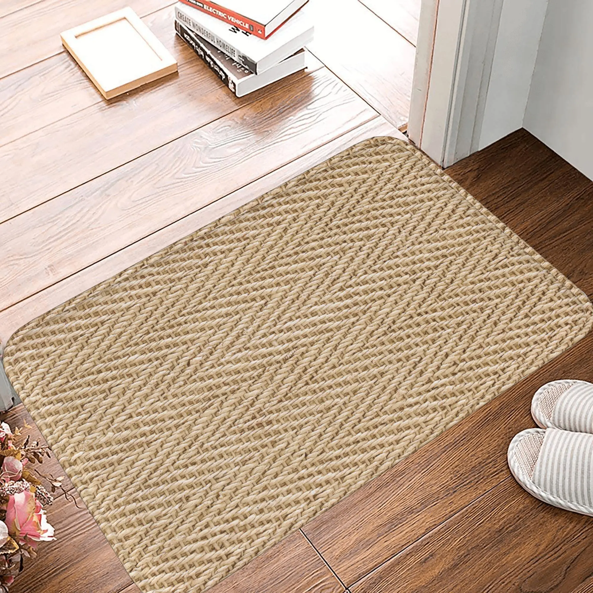 Woven Texture Flannel Doormat, Non Slip, Scrapes Dirt Effectively, Natural Beige Chevron Weave, Suits Rustic & Coastal Entryways, Patios