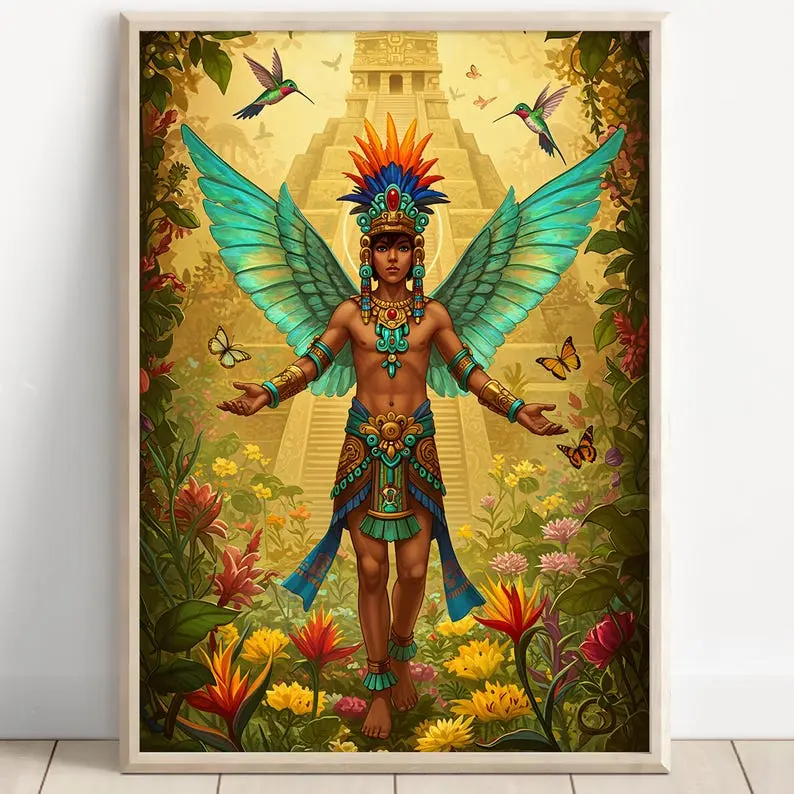 Aztec Wall Art, Xochipilli Art, Aztec God of Art and Music Decor, Aztec Mythology Artwork, Mexican Aztec Art, God of Flowers and Creativity 24x36inch(60x90cm) Unframe Canvas Poster Colorful Gifts Room Decoration Ornaments Artistic Print Photo