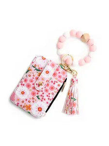 Boho Floral Beaded Keychain Wallet, Compact Card Holder with Zipper Pocket, Portable Tote for Women