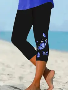 Women's Seven-Quarter Pants, Butterfly Print Tight-Fitting Bottoms, Casual All Season Wear, Comfortable and Stylish