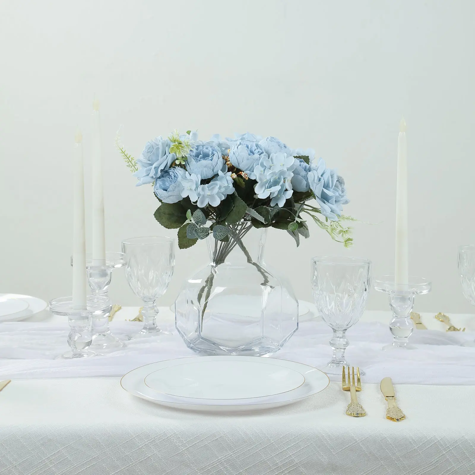 Artificial Decorative Flowers 2-Pack 12in Light Blue Silk Bouquets - Mixed Rose, Peony & Hydrangea Mixed Blooms for Room Decor, Indoor Use, Anniversary Home Decor Floral Arrangements, Two Bouquets, 12 In