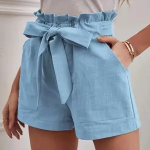 Women Summer Casual Shorts with Pockets Bowknot Tie Waist