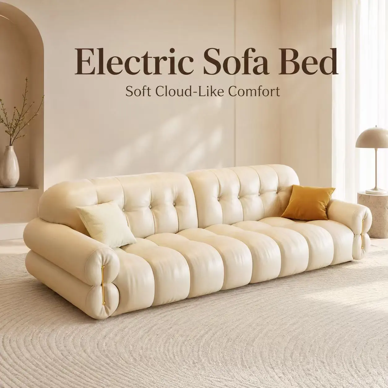 Cream Leather Button Tufted Electric Sofa Bed, Cloud-Like Comfort Multifunctional Convertible Sofa Couch for Living Room Guest Room