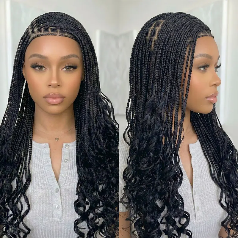 Dosay Bohemian Braided Wig With Curly Hair Knotless Braided Wig for Black Women Boho Braided Wigs Synthetic Handmade Full Lace Side Part Cornrow Box Braided Wigs 1B30 Black Brown Super Lightweight & Breathable Beginner Friendly #Dealforyourdays